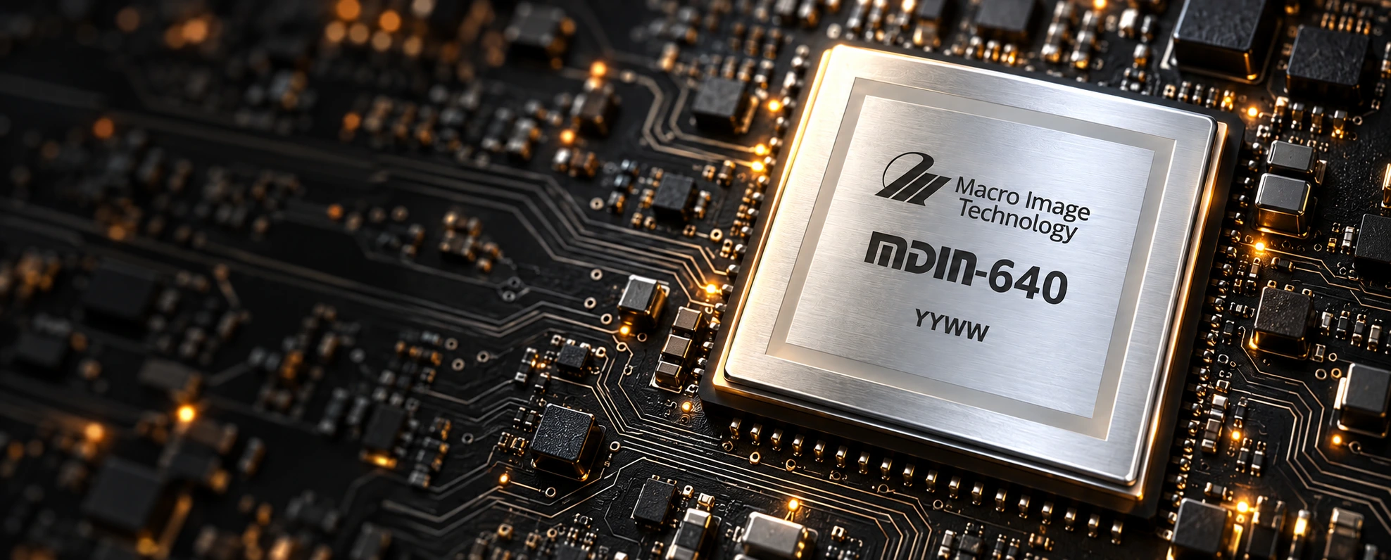 Silver brushed MDIN-640 concept visualization on a graphite circuit board with warm edge lighting