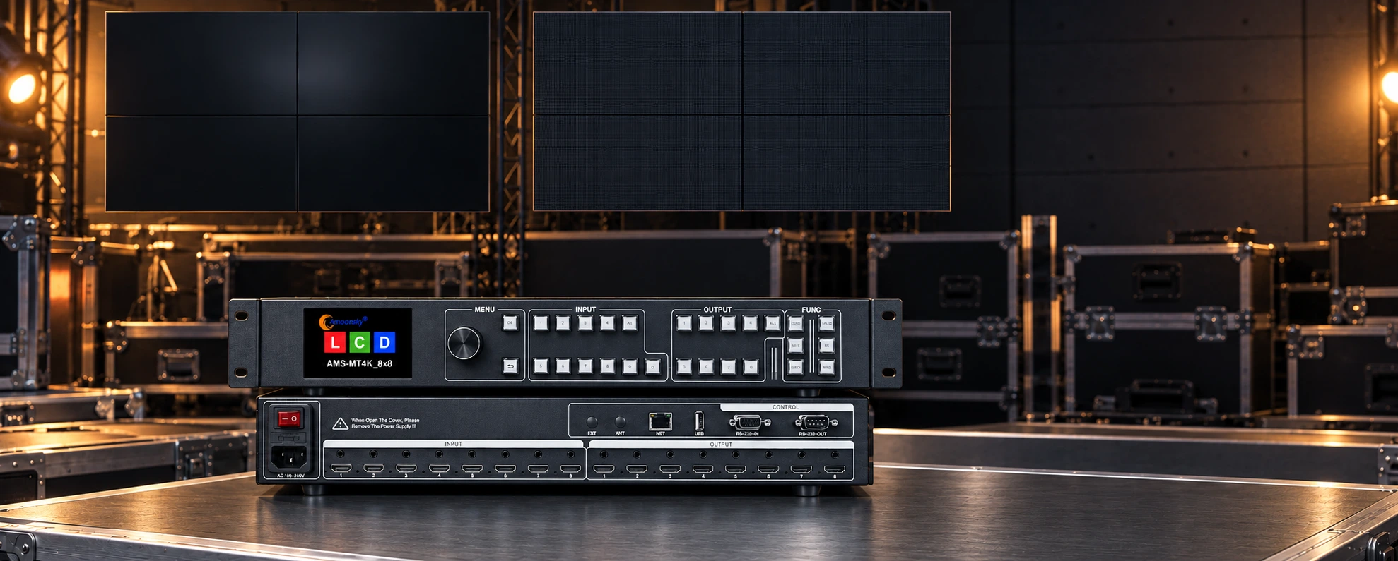 Concert monitoring workstation with AMS-MT4K_8x8 front and rear panels