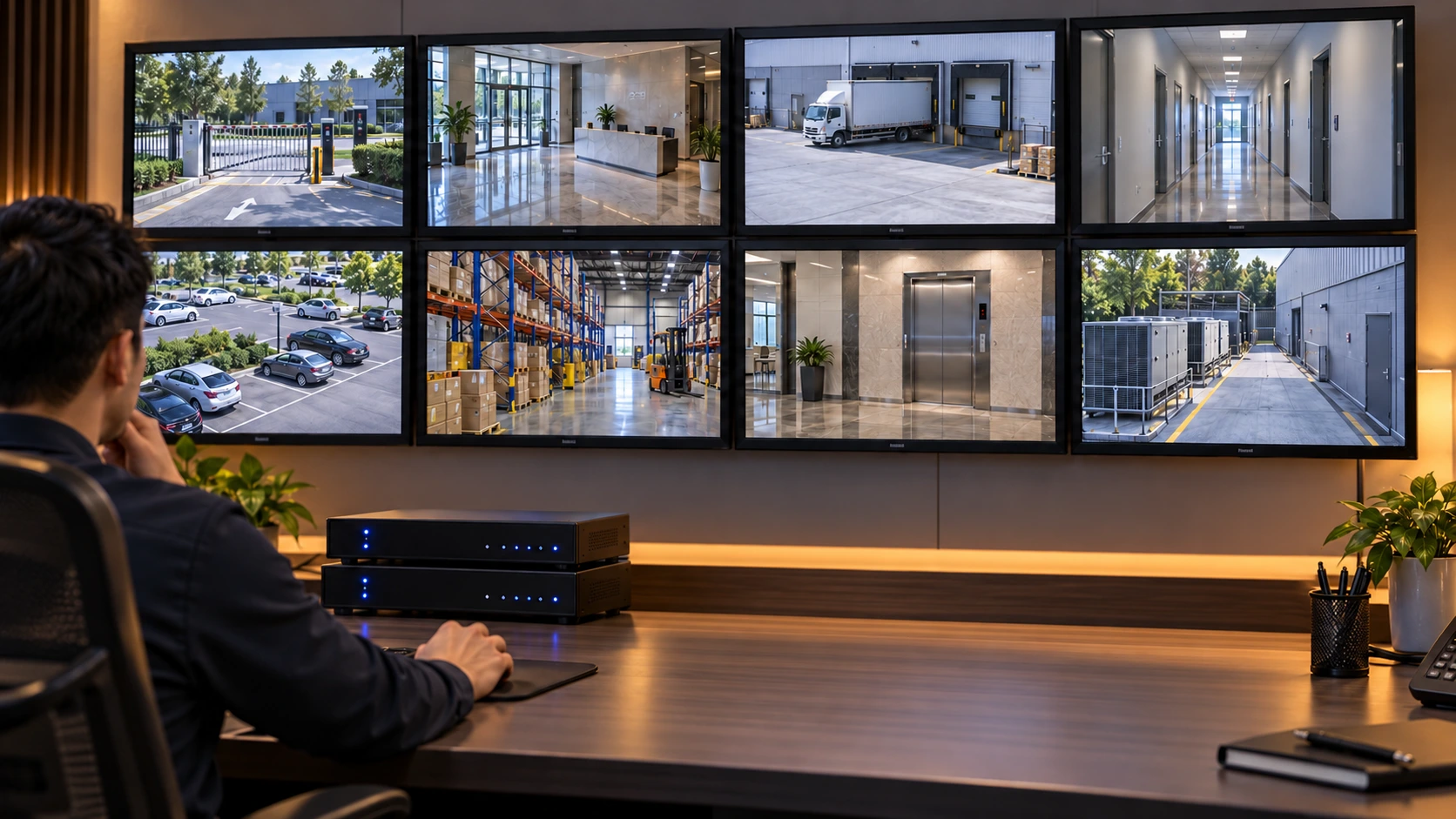 Security operator monitoring multiple camera feeds