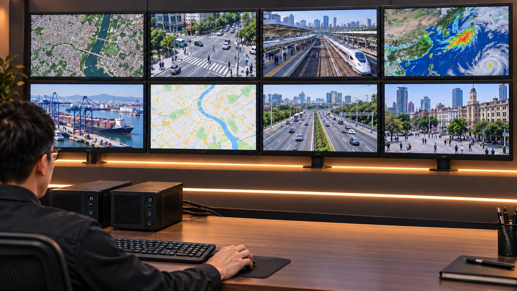 Command centre distributing source views across displays