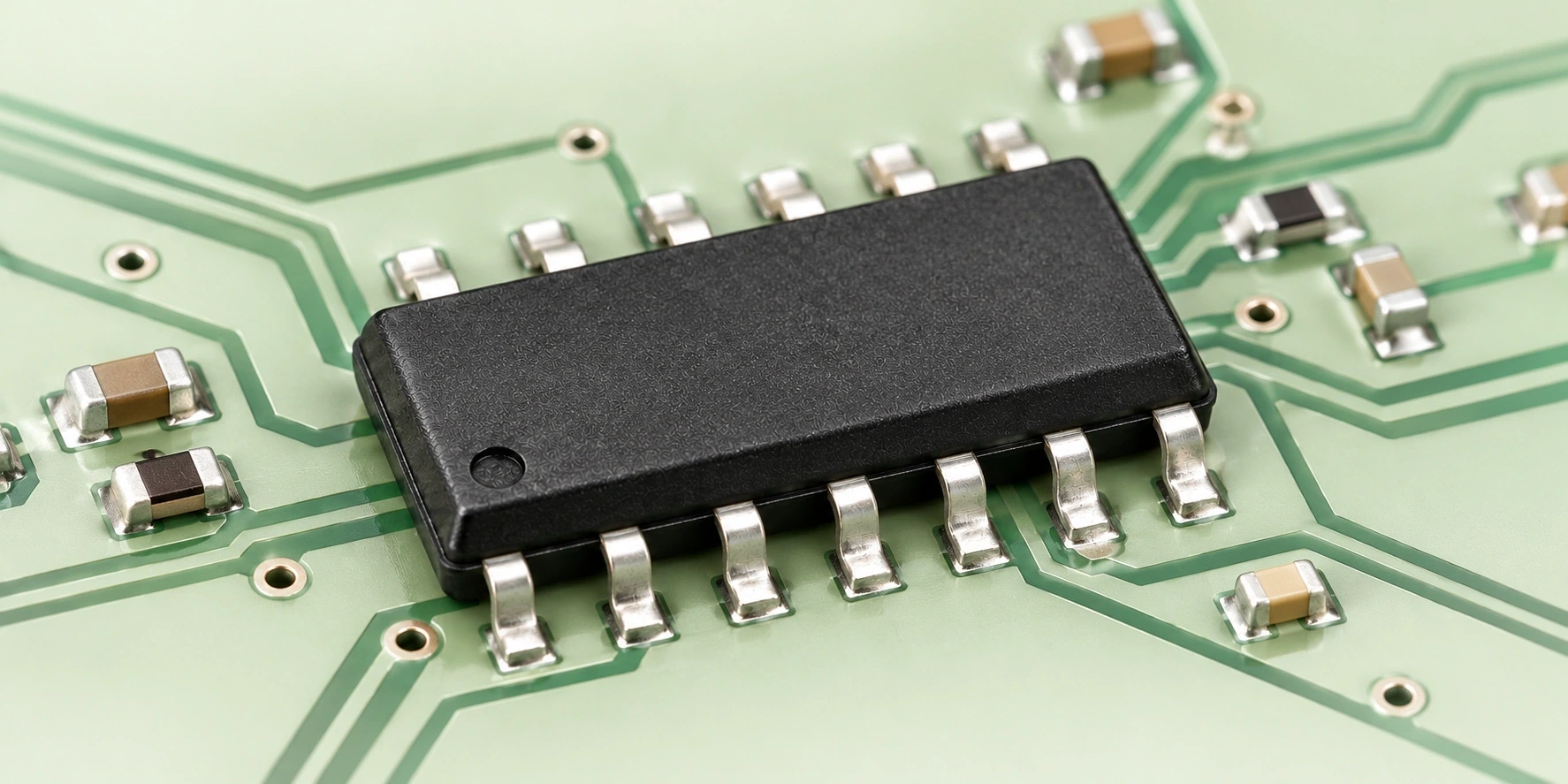 Surface-mounted integrated circuit soldered onto a printed circuit board