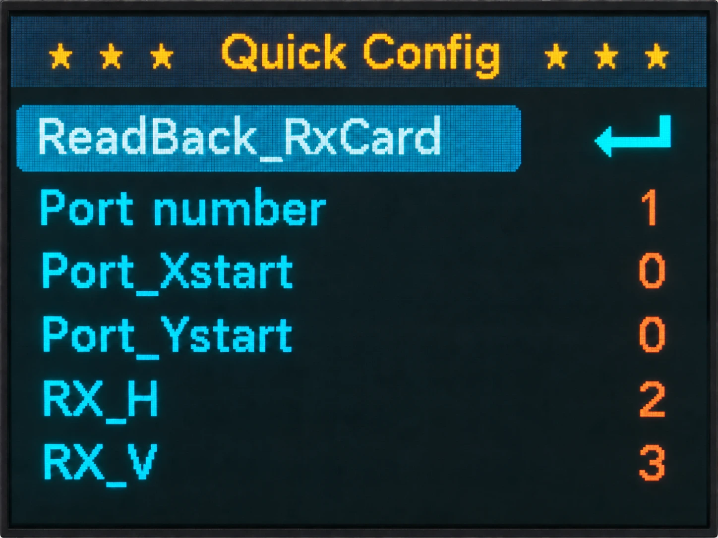 Actual Quick Config parameter LCD showing ReadBack_RxCard, RX_H 2 and RX_V 3