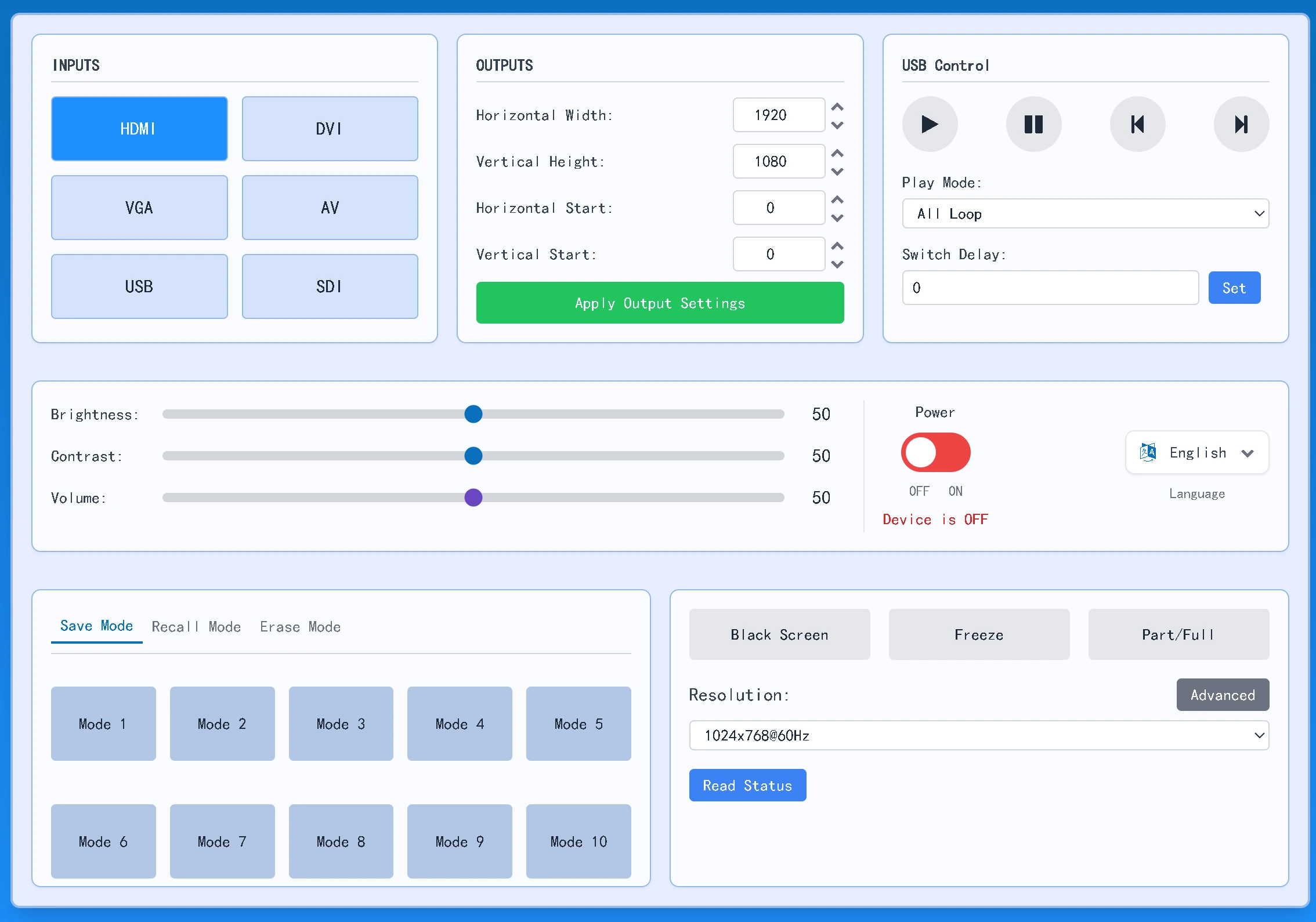 User-Provided VS Control Software Showing Input Selection, Output Settings, USB Playback And Mode Controls