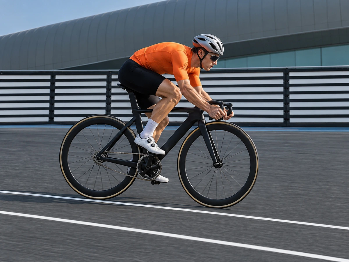 Matching Cyclist With Clear Wheel Rims, Sharp Spokes And Stable Track Lines