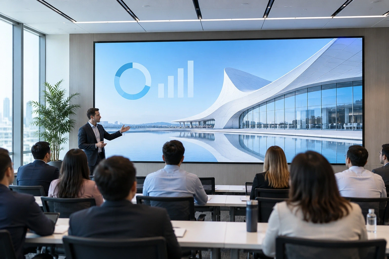 Conference and training room with a large LED presentation screen