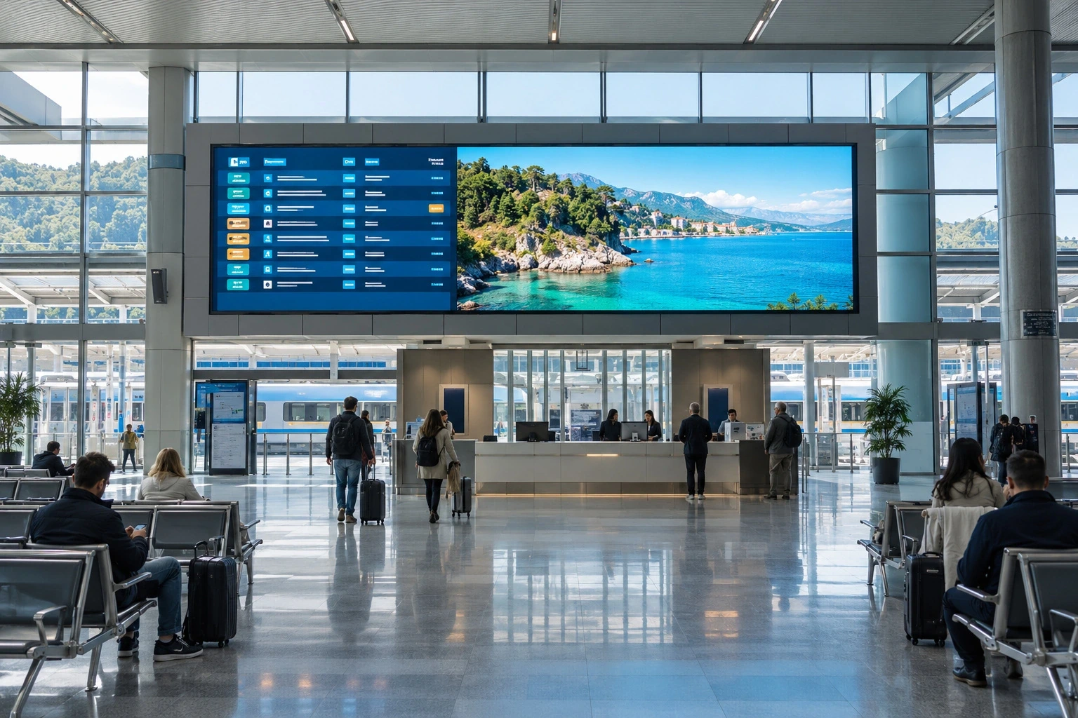 Travel information LED displays inside a modern transport hall