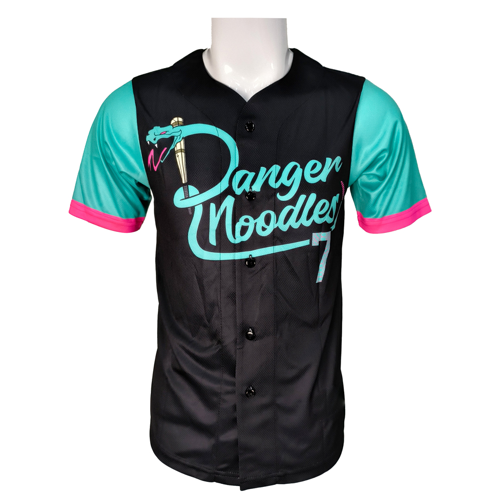 Maillot de baseball personnalisé sublimé noir et turquoise (3)