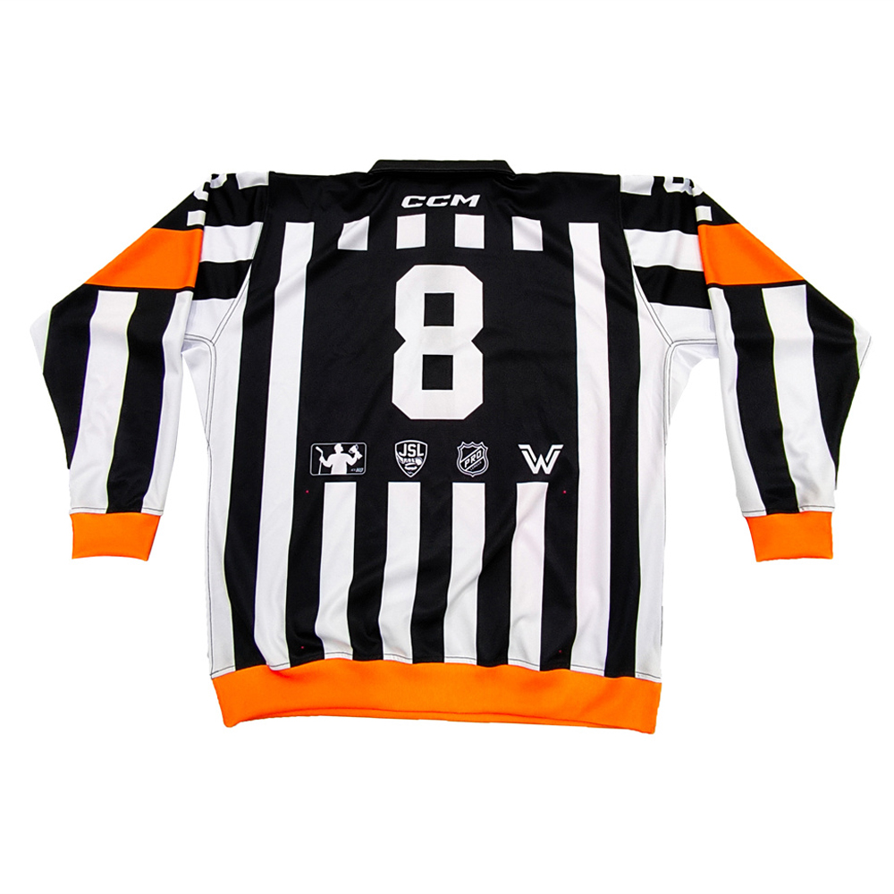 Black-White Striped High-Visibility Quarter-Zip Polo Shirt with Orange Trim