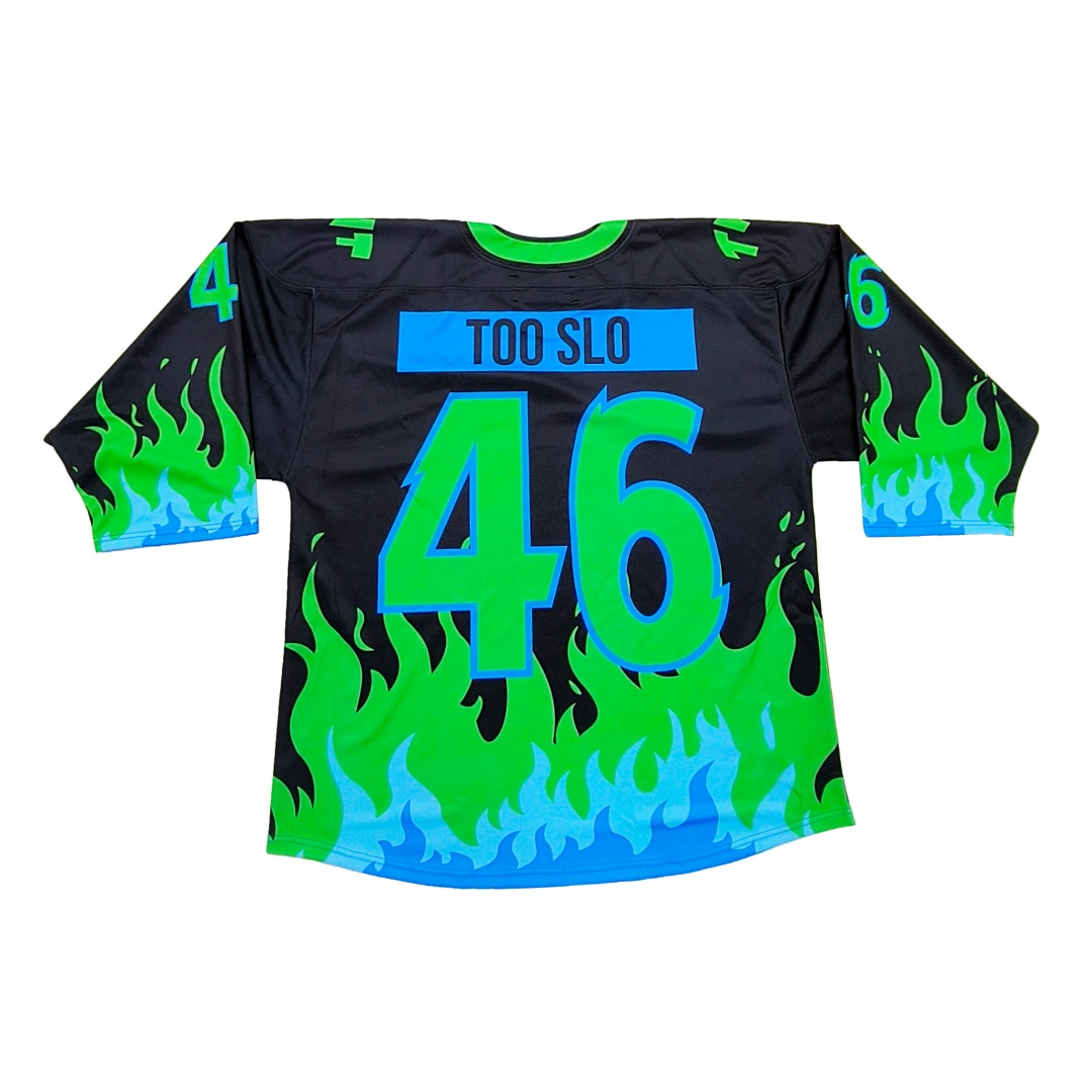 Maillot de hockey à imprimé flammes de dessin animé aux couleurs fluorescentes - Impression par sublimation, personnalisable pour l'équipe, style streetwear hip-hop