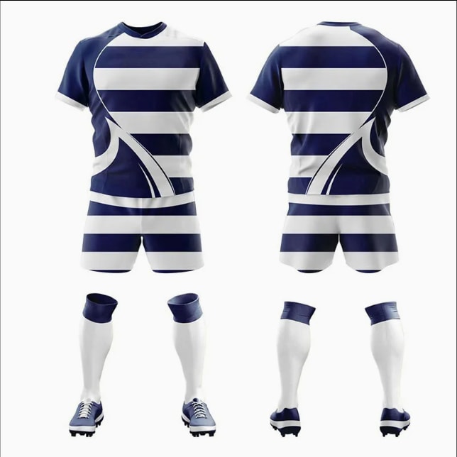 Ensemble maillot et short de rugby rayé marine et blanc (1)