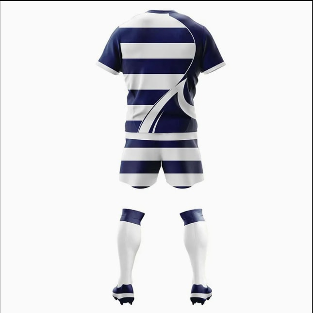 Ensemble maillot et short de rugby rayé marine et blanc (2)