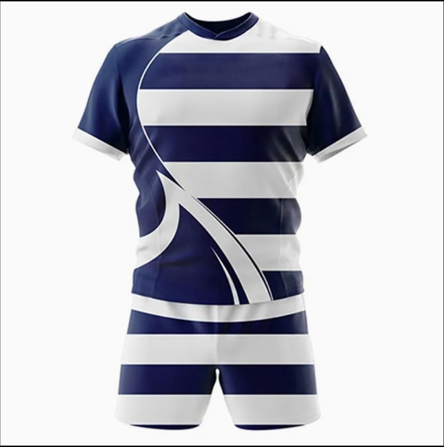 Ensemble maillot et short de rugby rayé marine et blanc (4)