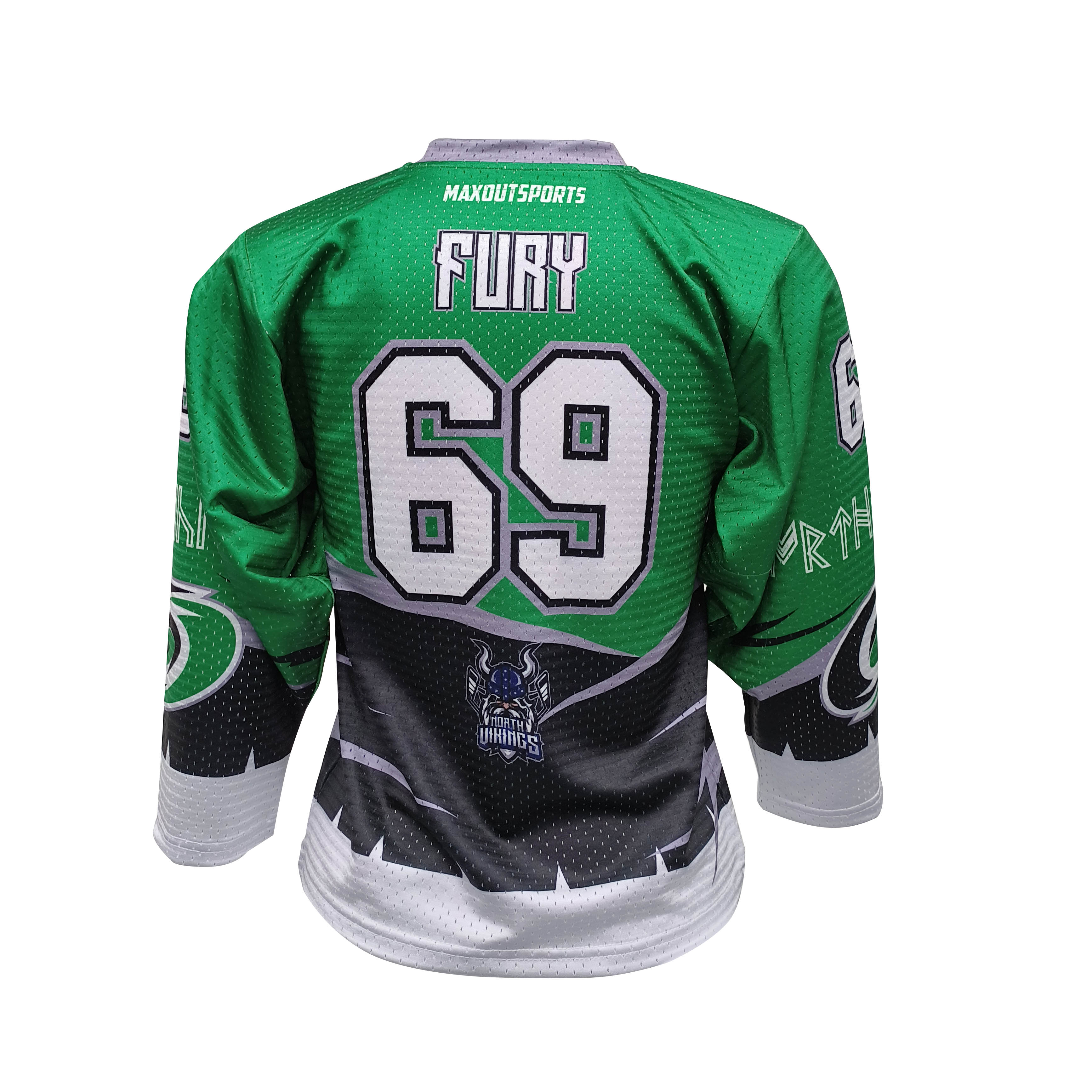 Mukautettu erikoiskuvioitu jääkiekkopelipaidat - muokattavissa oleva Fury Design -verkkomateriaali, hengittävä, täysi sublimaatiopainatus, vihreä