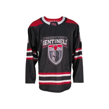 Custom Sublimated Ice Hockey Jersey – Black & Red Sentinel Team Hockey Jersey with Warrior Crest