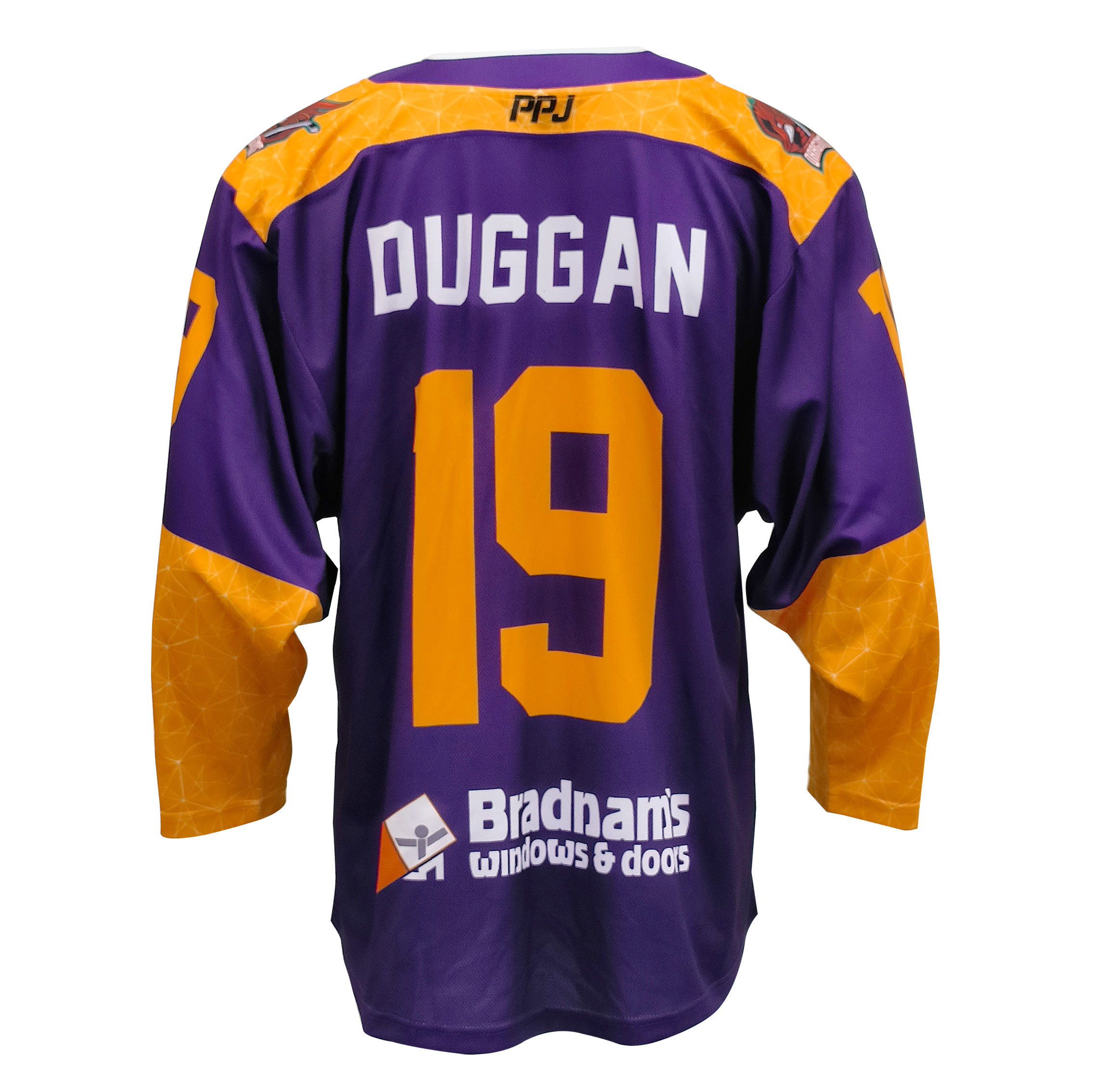 Royal Storm Custom Sublibated Ice Hockey Jersey – Bold Purple & Gold Team Uniform with Dynamic Geometric Sleeve Design