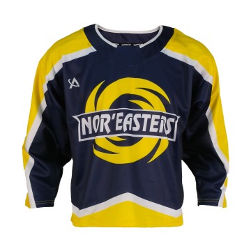 China Suppliers Factory Storm Surge Custom Sublimated Ice Hockey Jersey – Nor’Easters Power in Navy & Volt Yellow