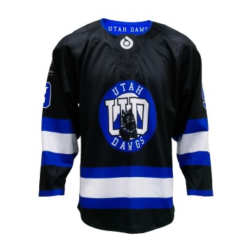 Utah Dawgs Pug Spirit Lace-up Neck Custom Sublimated Hockey Jersey | Midnight Black & Royal Blue Team Edition