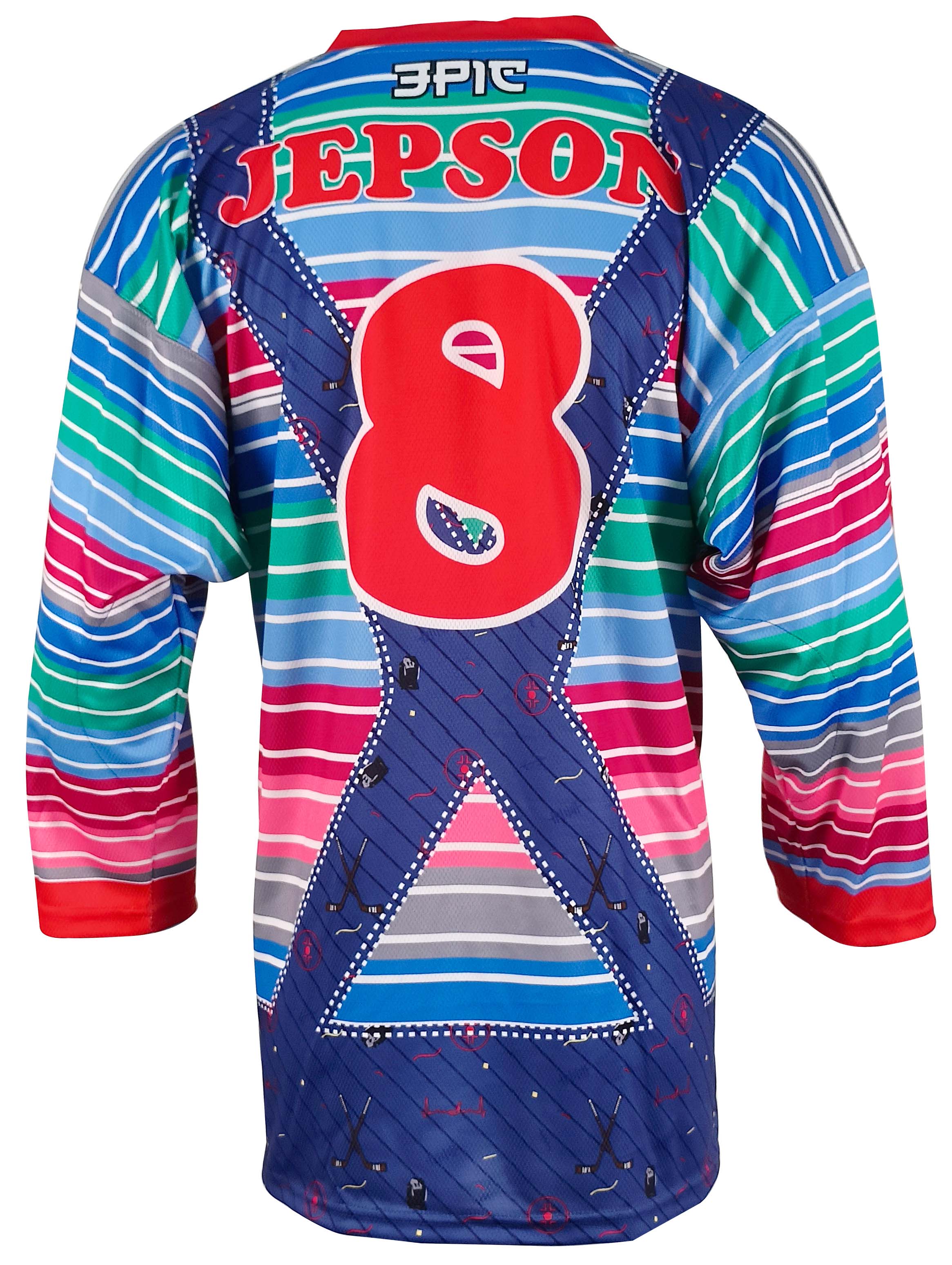 Retro-Inspired Custom Ice Hockey Jersey with Colorful Striped Patchwork Design