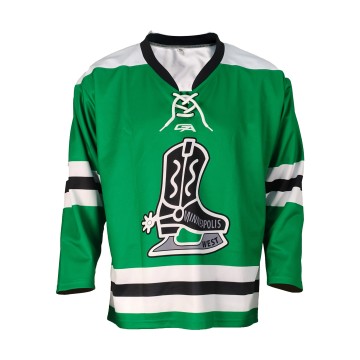 Custom Green Lace-Up Ice Hockey Jersey with Full Sublimation Logo and Striped Sleeve Design