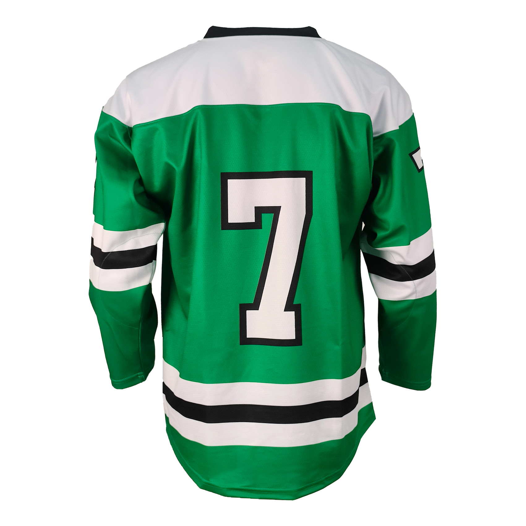 Custom Green Lace-Up Ice Hockey Jersey with Full Sublimation Logo and Striped Sleeve Design