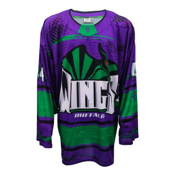 OEM Custom Sublimated Buffalo Hockey Jersey with Purple Green Graphic & Dynamic Stripe Design