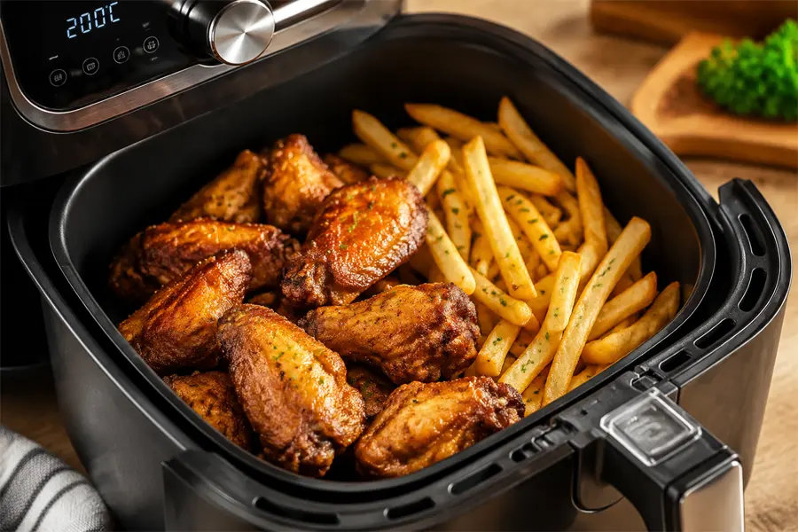 Crispy chicken wings and fries cooked in a smart air fryer