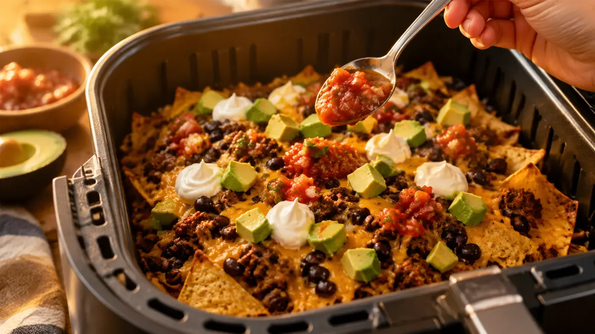 空气炸锅篮里铺满融化芝士的单层玉米片，上面放上新鲜牛油果和酸奶油。