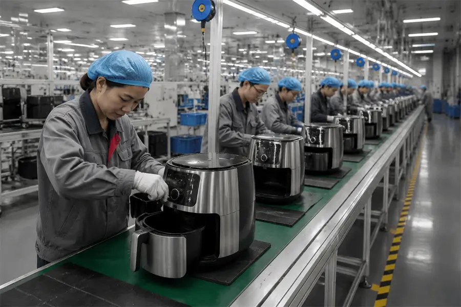 OEM air fryer manufacturing production line in a modern factory