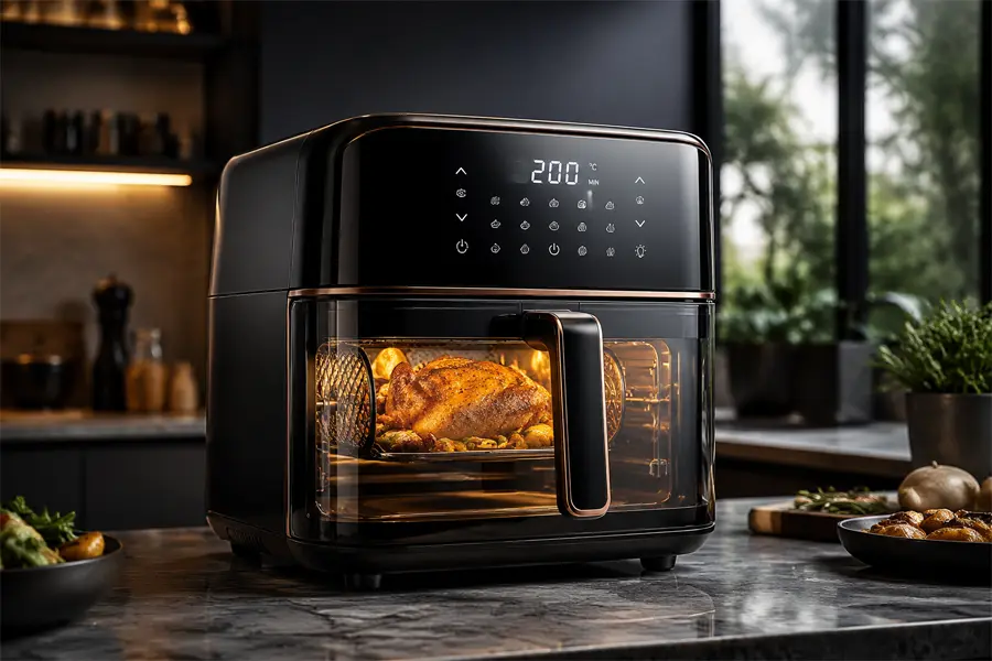 Modern glass air fryer with digital touch screen and transparent window