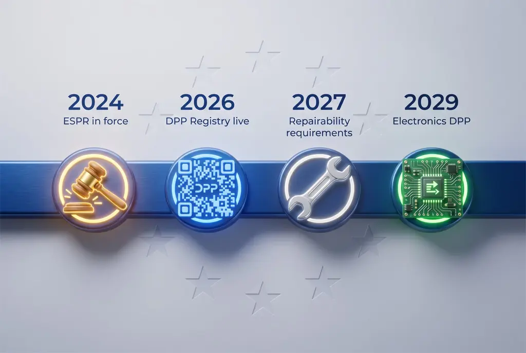 ESPR 数字产品护照合规时间表（2024 年至 2029 年），展示了厨房电器进口商欧盟监管框架的关键里程碑。