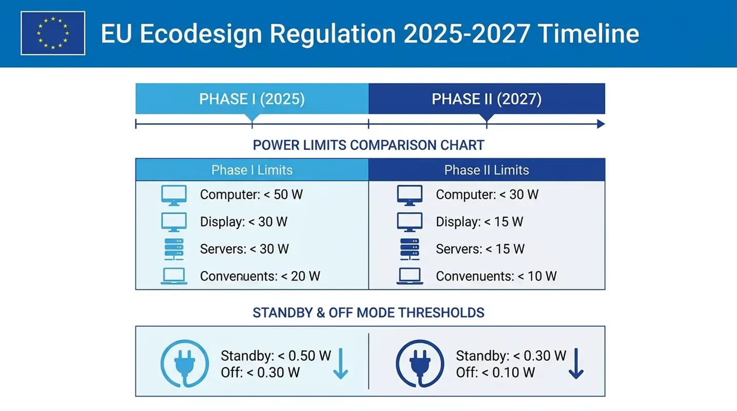 EU ecodesign regulation 2025 vs 2027 Phase I and Phase II power limit comparison chart.webp