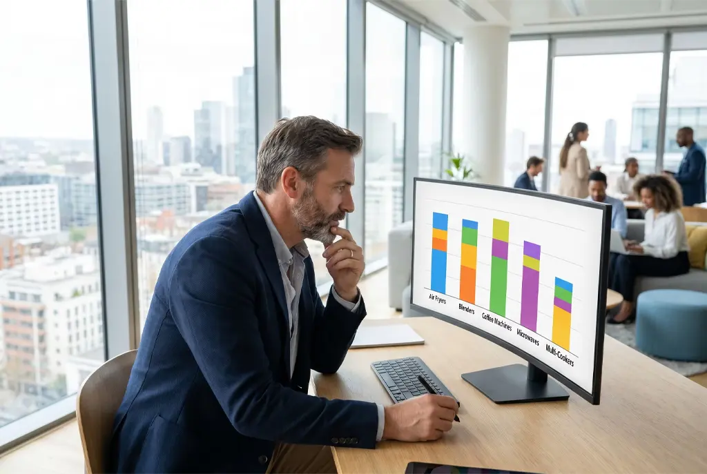 Un acheteur B2B européen analyse les performances de mi-année de la catégorie des appareils de cuisine sur un tableau de bord d'analyse des achats dans un environnement de bureau moderne.webp