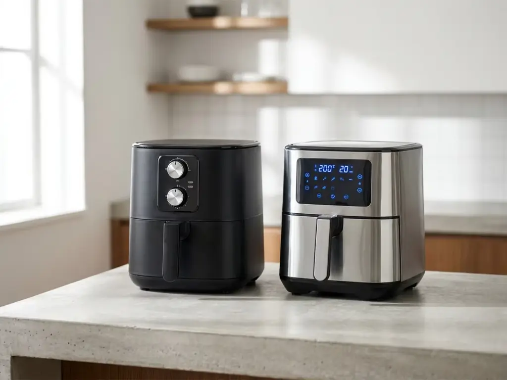 Left mechanical air fryer with rotary dial controls. Right digital air fryer with LED touchscreen panel. The choice between them is a market strategy decision, not a product preference..webp