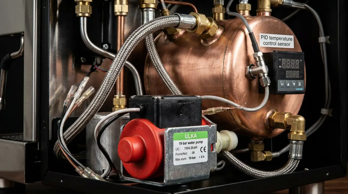 Macro technical view of Italian ULKA 19-bar pump and PID thermal sensor on copper boiler in APEXDURA coffee machine.webp