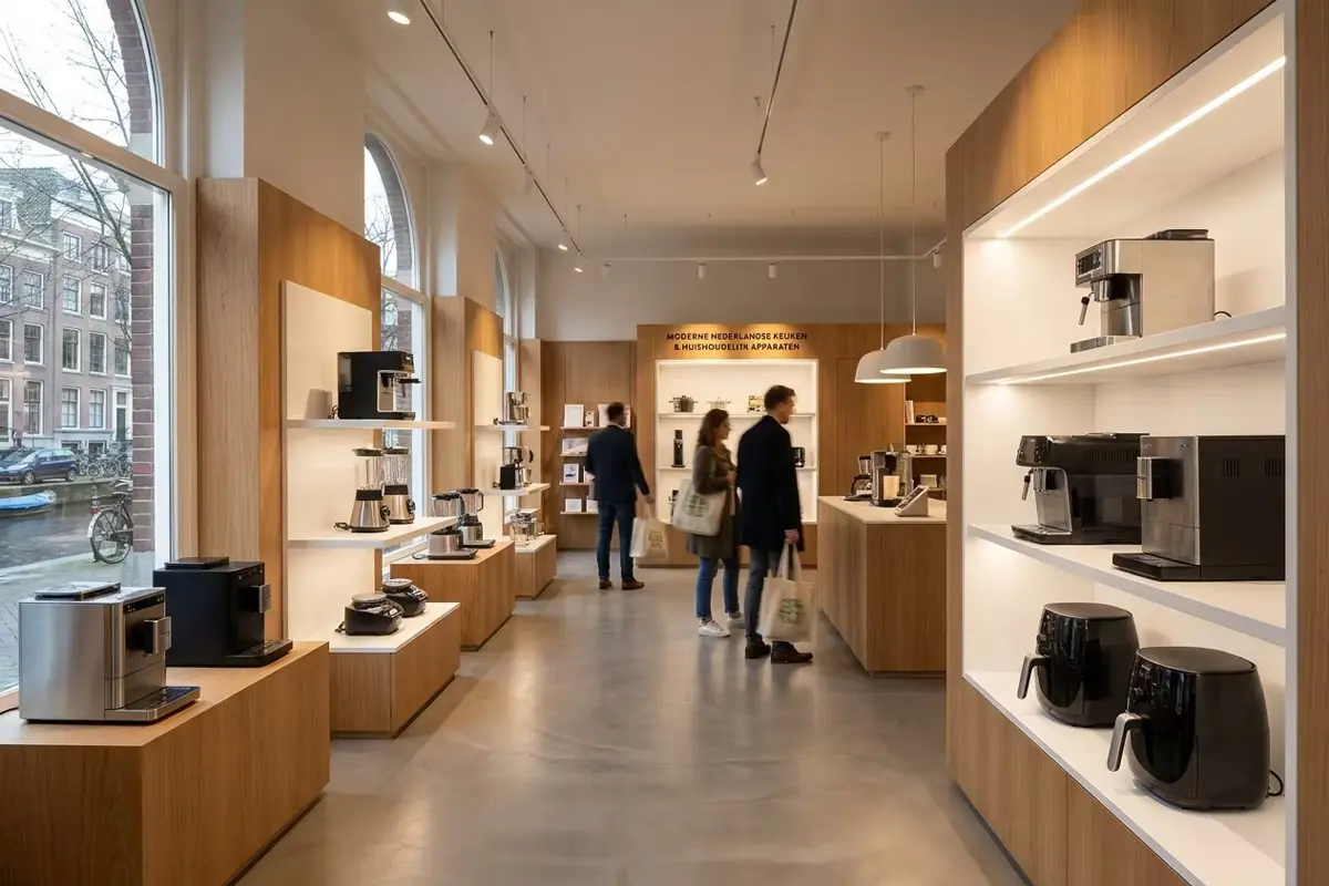 一家现代荷兰零售店展示着高端厨房电器——咖啡机、搅拌机、空气炸锅摆放在简约的北欧风格照明货架上，展现了比荷卢经济联盟市场的高零售品质标准。
