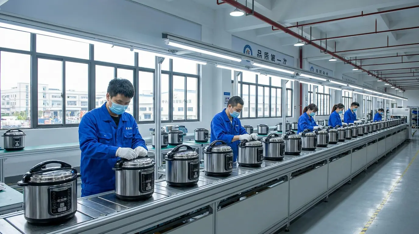 位于中国中山的一条大容量电压力锅装配线的专业B2B摄影作品。