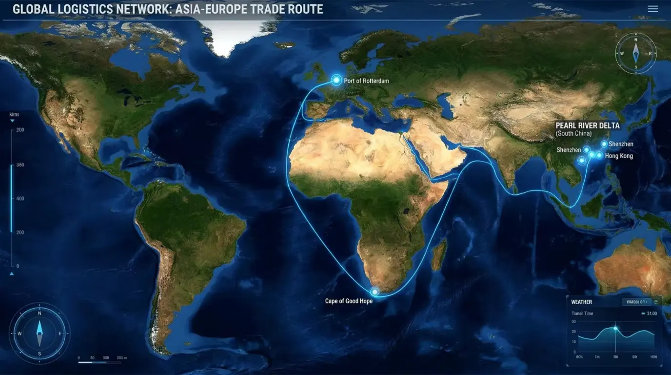 Professional logistics route overview showing 2026 transit paths around the Cape of Good Hope.webp