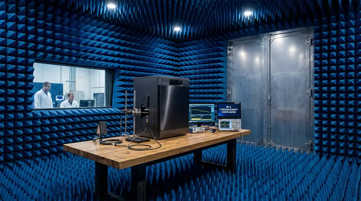 Rigorous Testing. Inside our state-of-the-art radio testing chamber, every connected appliance undergoes rigorous electromagnetic and wireless security audits..webp
