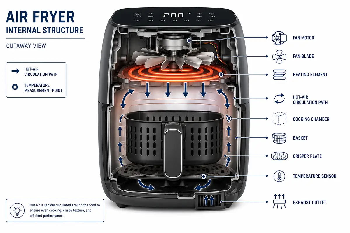 Air fryer heating element airflow path basket and temperature sensor diagram