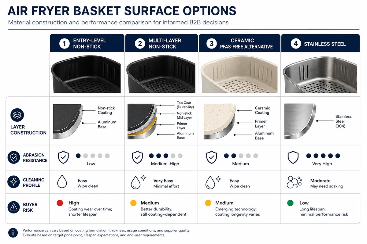 Air fryer basket coating systems and food-contact construction comparison