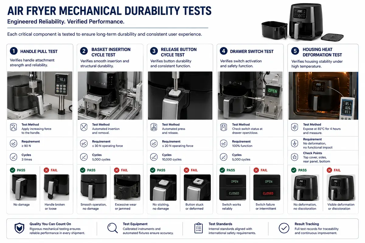 Air fryer basket handle drawer button and housing mechanical durability tests