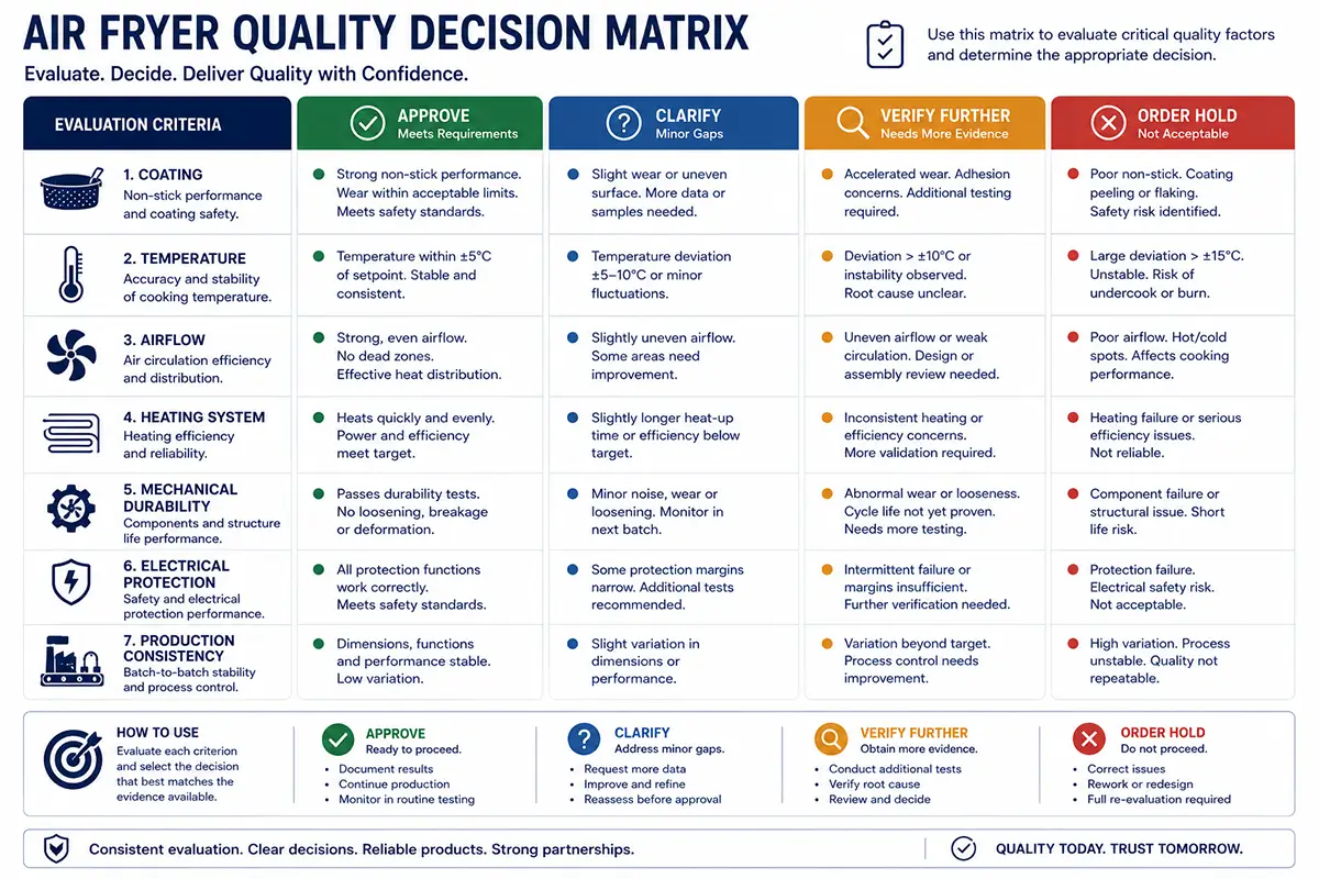 Air fryer quality approval matrix showing approve clarify verify and order hold decisions