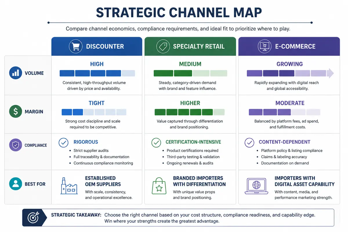 रणनीतिक चैनल मानचित्र जो रसोई उपकरण के बी2बी आयातकों के लिए डिस्काउंट रिटेल, स्पेशलिटी रिटेल और ई-कॉमर्स मार्गों को दर्शाता है, जिसमें मार्जिन और वॉल्यूम के बीच तालमेल शामिल है।