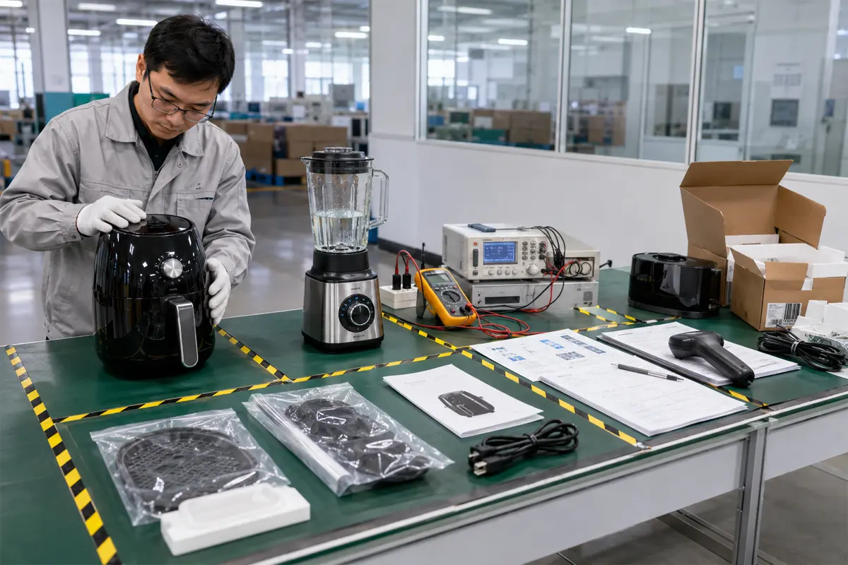 Inspector checking appliance workmanship function electrical records labels accessories and packaging