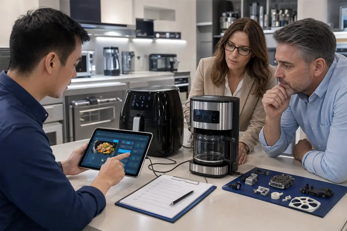 B2B buyers testing app guided cooking diagnostics on a smart air fryer and coffee machine before IFA sourcing decisions.webp