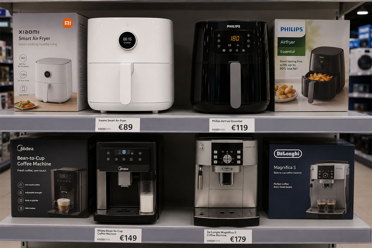 Split retail shelf scene showing Chinese brand air fryers and coffee machines positioned at premium shelf heights alongside European brand equivalents with comparable price tags