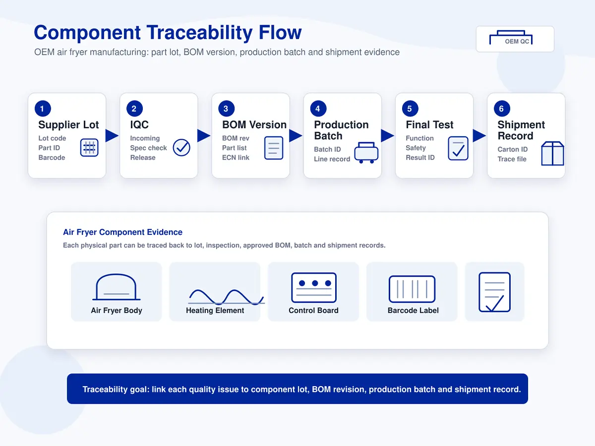 Component traceability flow from supplier lot to finished kitchen appliance shipment
