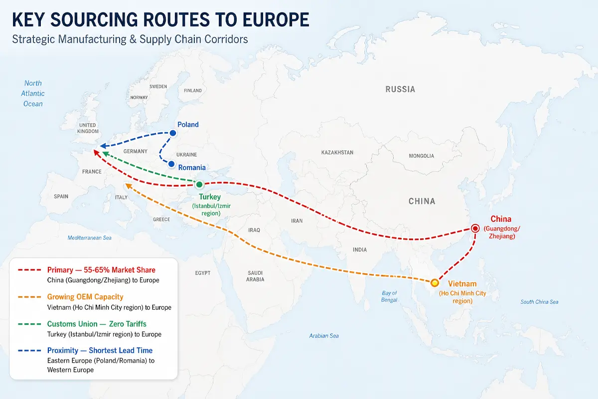 Carte du monde mettant en évidence des itinéraires d'approvisionnement alternatifs pour les appareils de cuisine en provenance de Turquie, du Vietnam et d'Europe de l'Est vers les marchés de l'UE, parallèlement aux itinéraires existants vers la Chine.
