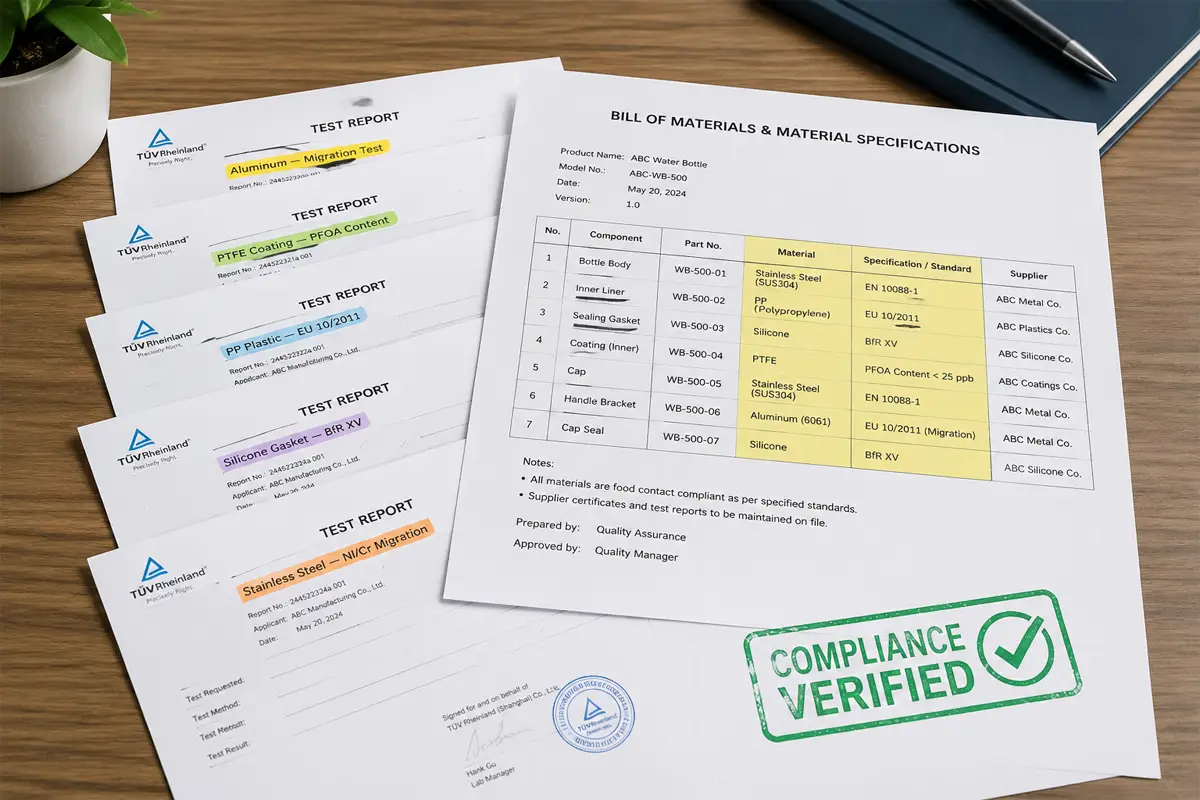 Example food contact compliance documentation package showing per material test reports LFGB certificate EU 1935/2004 declaration and BOM with material identification