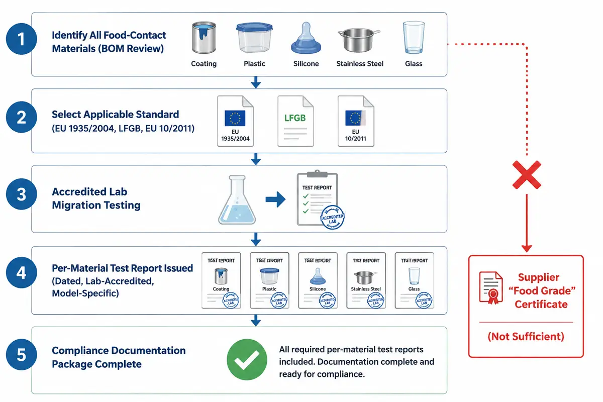 Workflow diagram showing food contact material compliance process from supplier material identification through accredited lab migration testing to per-material test report and LFGB certification